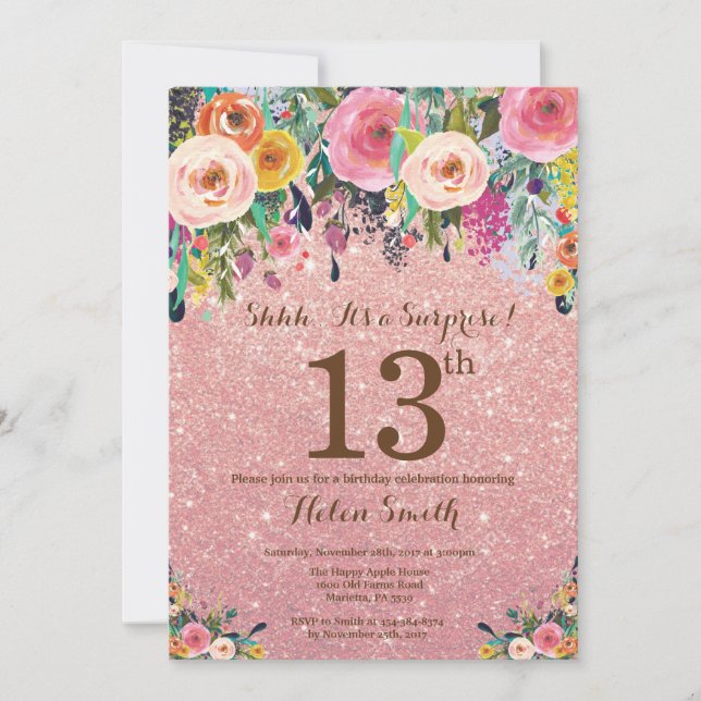 Rose Gold Glitter Floral Surprise 13th Birthday Invitation (Front)