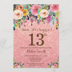 Rose Gold Glitter Floral Surprise 13th Birthday Invitation