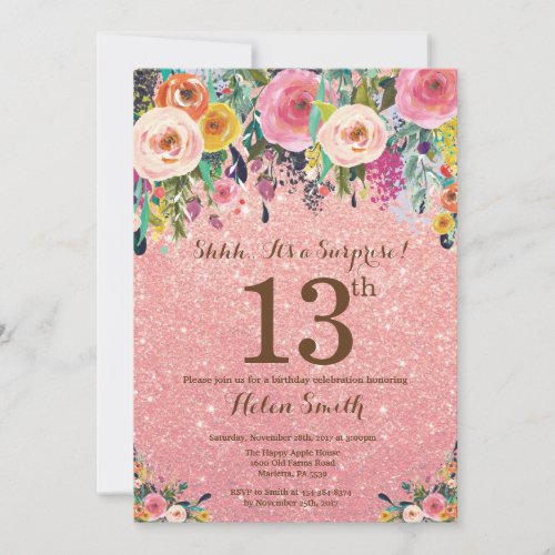 Rose Gold Glitter Floral Surprise 13th Birthday Invitation