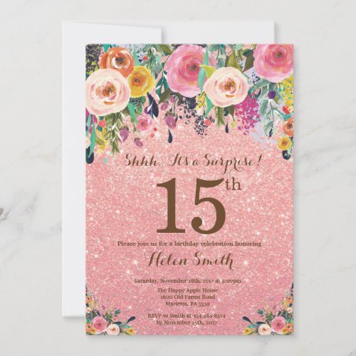 Rose Gold Glitter Floral Surprise 15th Birthday Invitation