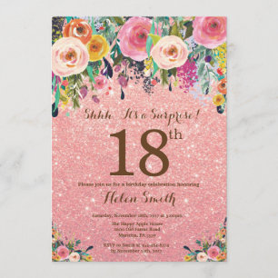 Rose Gold Glitter Floral Surprise 18th Birthday Invitation