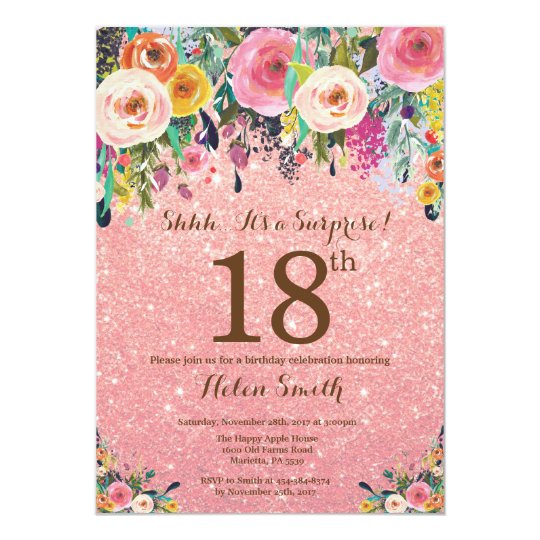 Rose Gold Glitter Floral Surprise 18th Birthday Invitation 8932
