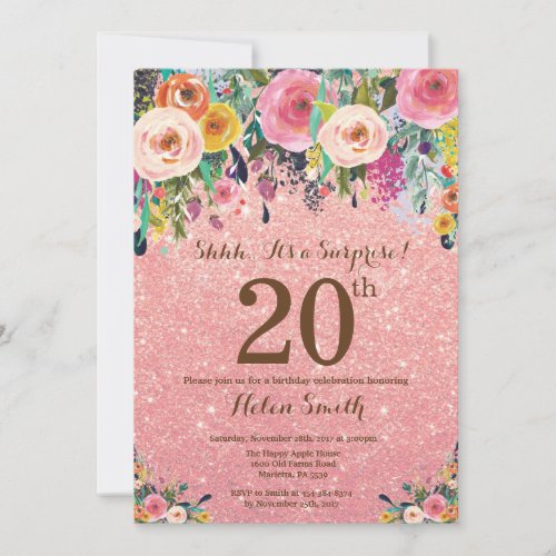 Rose Gold Glitter Floral Surprise 20th Birthday Invitation