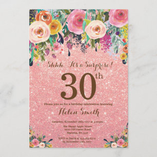 Rose Gold Glitter Floral Surprise 30th Birthday Invitation