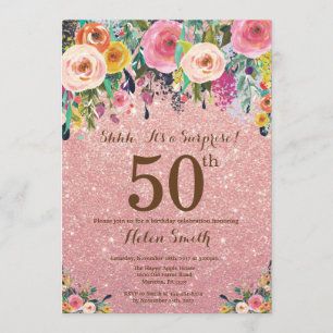 Rose Gold Glitter Floral Surprise 50th Birthday Invitation