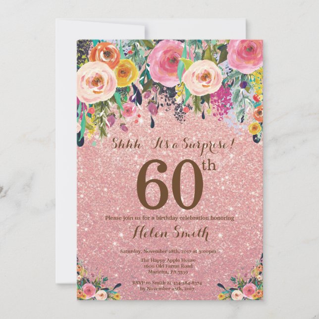Rose Gold Glitter Floral Surprise 60th Birthday Invitation (Front)