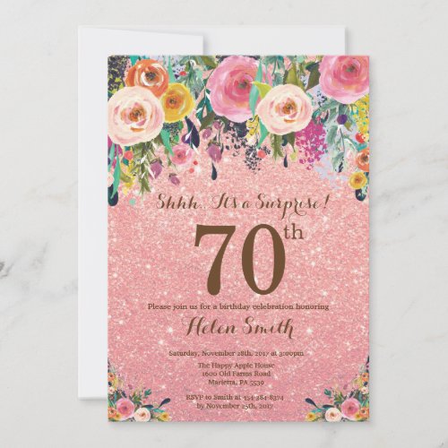Rose Gold Glitter Floral Surprise 70th Birthday Invitation