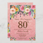 Rose Gold Glitter Floral Surprise 80th Birthday Invitation (Front/Back)