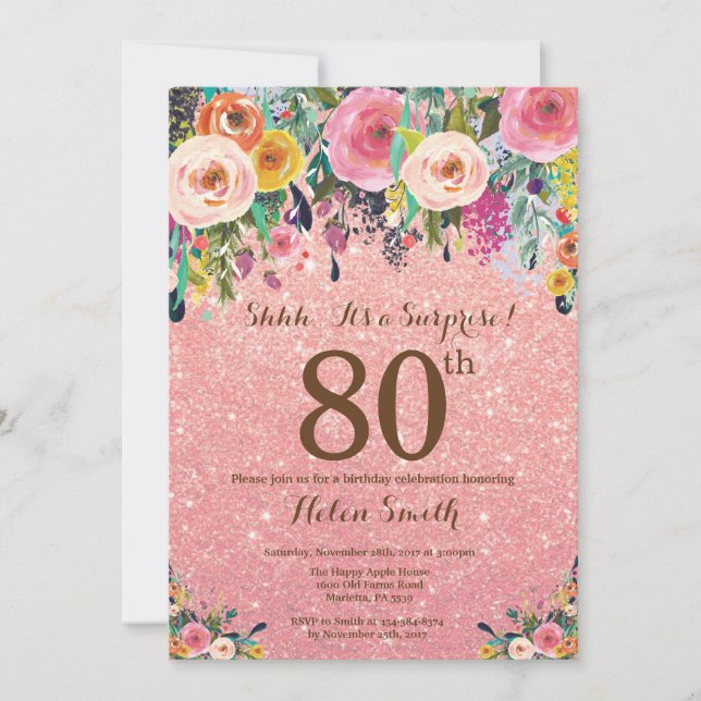 Rose Gold Glitter Floral Surprise 80th Birthday Invitation (Front)