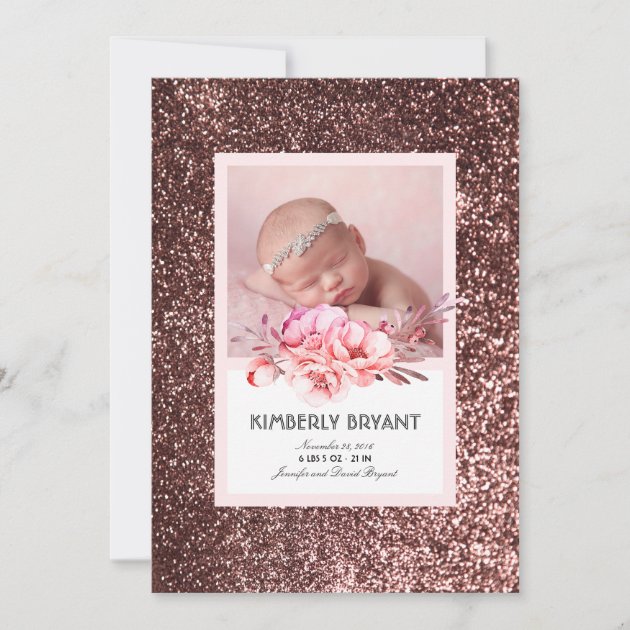 Rose Gold Glitter Floral Sweet Baby Girl Birth Announcement