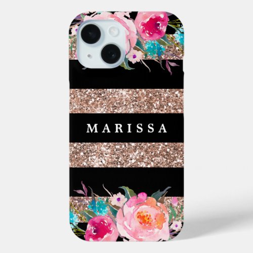 Rose Gold Glitter Floral Watercolor iPhone 15 Case