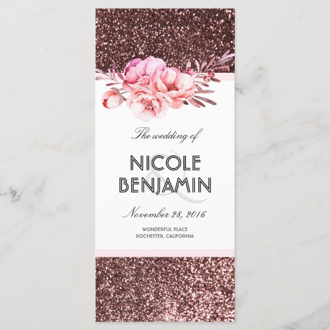 Rose Gold Glitter Floral Wedding Programs (Front)