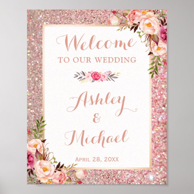 Rose Gold Glitter Floral Wedding Welcome Sign