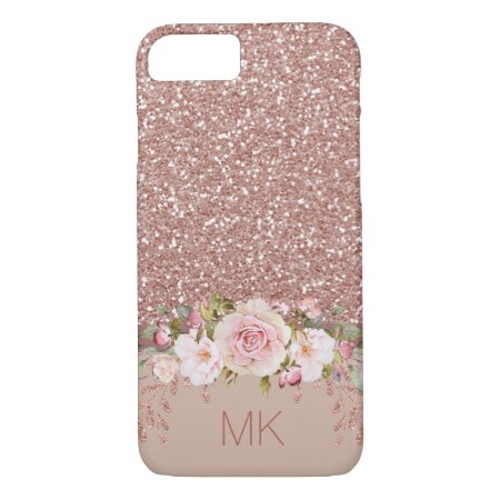 Rose Gold Glitter Floral With Monogram Iphone 8/7 Case