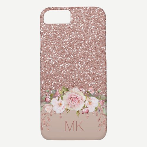 Rose Gold Glitter Floral with Monogram iPhone 8/7 Case