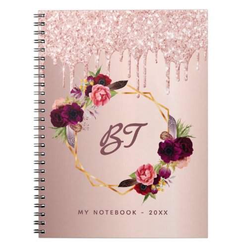 Rose gold glitter florals monogram burgundy notebook