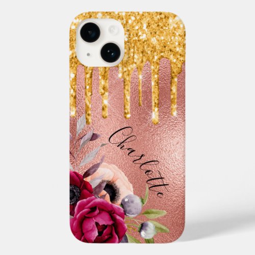 Rose gold glitter florals name Case_Mate iPhone 14 case