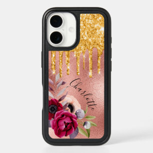 Rose gold glitter florals name elegant iPhone 16 case