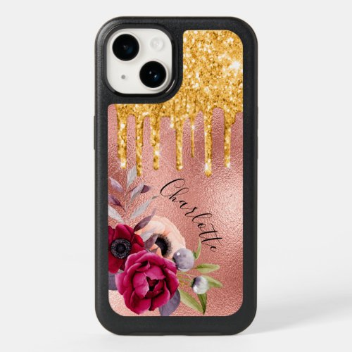 Rose gold glitter florals name elegant OtterBox iPhone 14 case