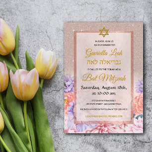 Rose Gold Glitter Flowers Star Jewish Bat Mitzvah Invitation