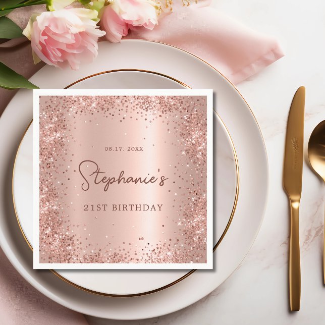 Rose Gold Glitter Foil 21st Birthday Monogram Napkins (Creator Uploaded)