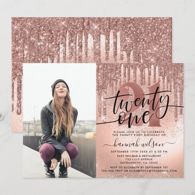 Rose Gold Glitter & Foil 21st Photo Birthday  Invitation (Front/Back)