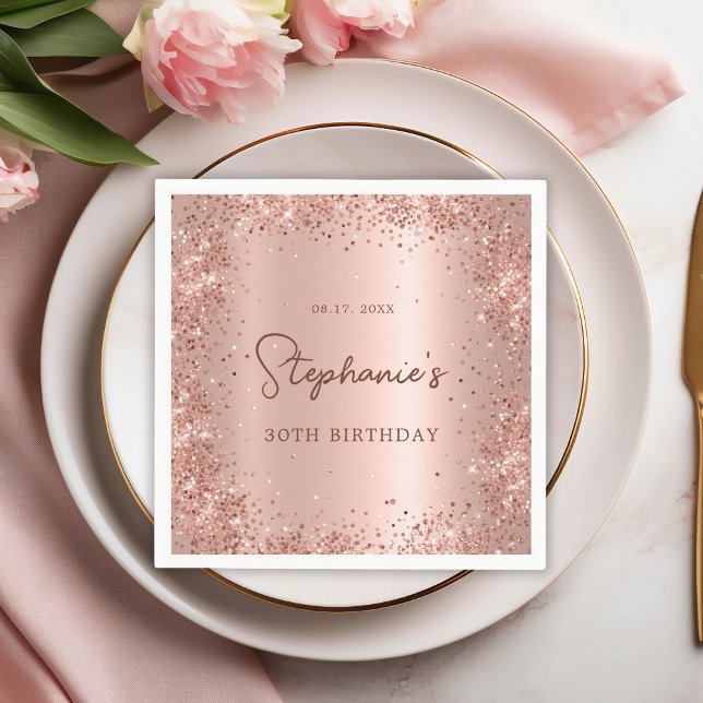 Rose Gold Glitter Foil 30th Birthday Monogram Napkins (Creator Uploaded)