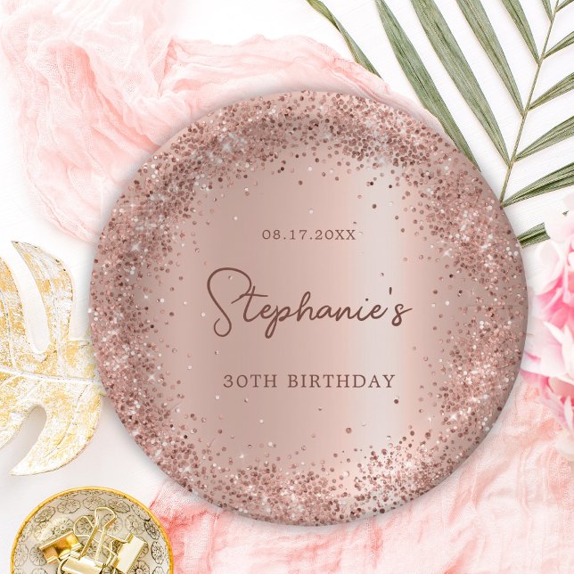 Rose Gold Glitter Foil 30th Birthday Monogram Paper Plates (Creator Uploaded)