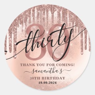 Rose Gold Glitter & Foil 30th Birthday Thank You Classic Round Sticker