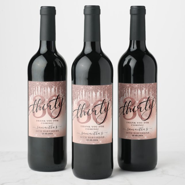 Rose Gold Glitter & Foil 30th Birthday Thank You  Wine Label (Bottles)