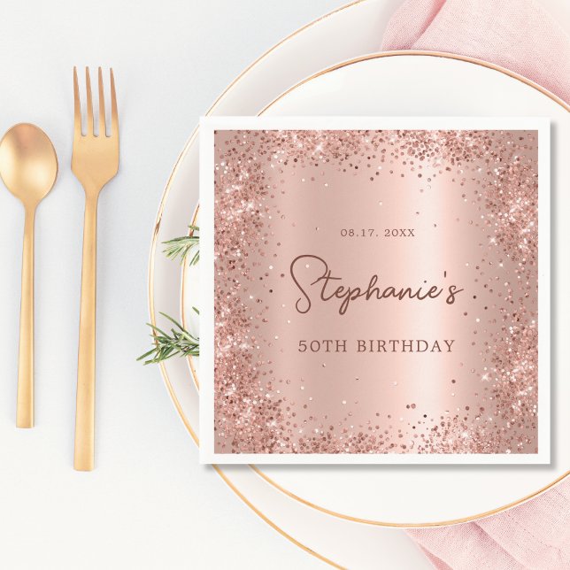 Rose Gold Glitter Foil 50th Birthday Monogram Napkins (Creator Uploaded)
