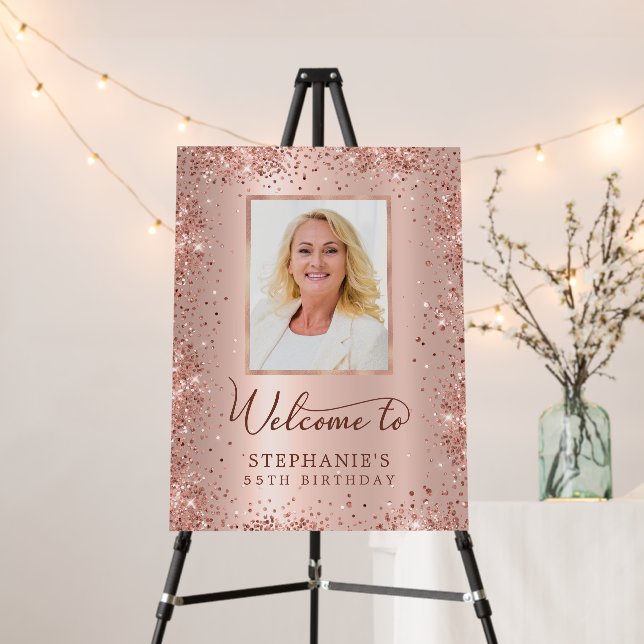 Rose Gold Glitter Foil 55th Birthday Photo Welcome Foam Board (In Situ (Stand))