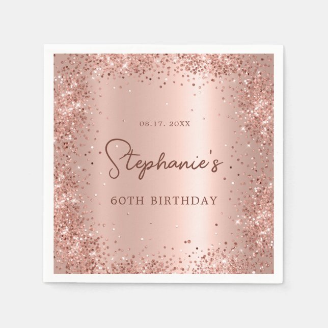 Rose Gold Glitter Foil 60th Birthday Monogram Napkins (Front)