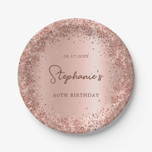 Rose Gold Glitter Foil 60th Birthday Monogram Paper Plates