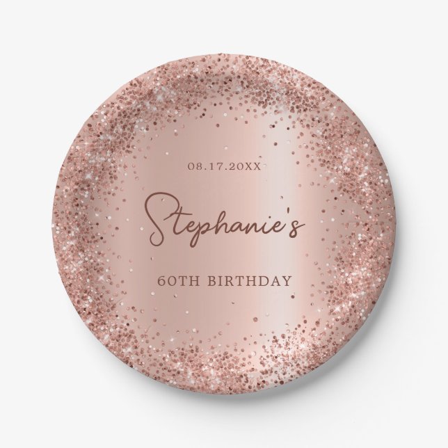 Rose Gold Glitter Foil 60th Birthday Monogram Paper Plates (Front)