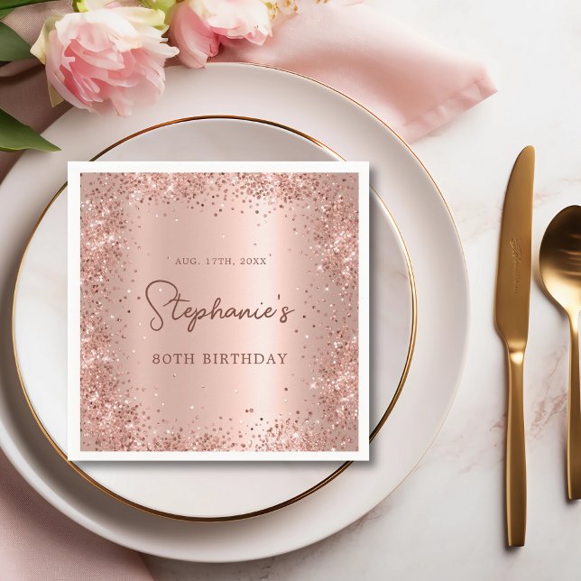 Rose Gold Glitter Foil 80th Birthday Monogram Napkins (Creator Uploaded)
