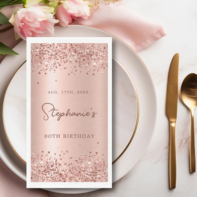 Rose Gold Glitter Foil 80th Birthday Monogram Paper Guest Towels (Creator Uploaded)