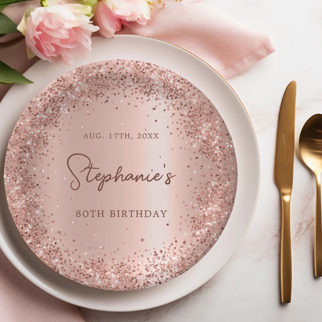 Rose Gold Glitter Foil 80th Birthday Monogram Paper Plates (Creator Uploaded)