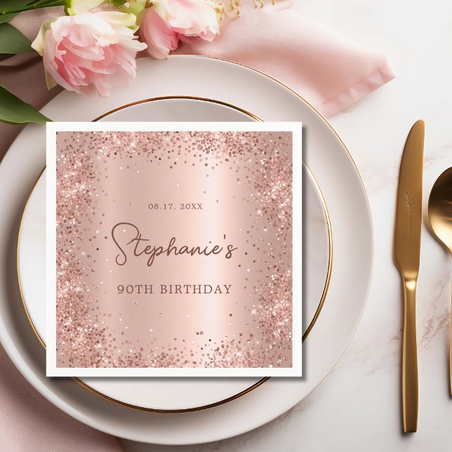 Rose Gold Glitter Foil 90th Birthday Monogram Napkins (Creator Uploaded)