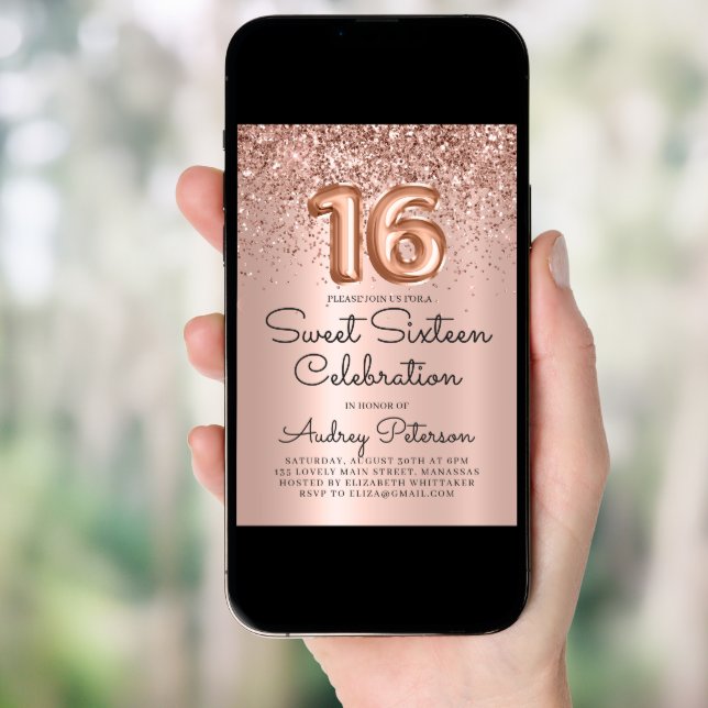 Rose Gold Glitter Foil Balloon Sweet 16th Birthday Invitation (Front Digital)