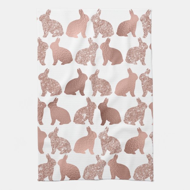 Rose Gold Glitter Foil Bunny Easter Spring Kitchen Towel (Vertical)