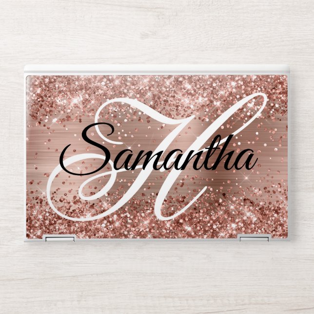 Rose Gold Glitter Foil Fancy Monogram HP Laptop Skin (Front)