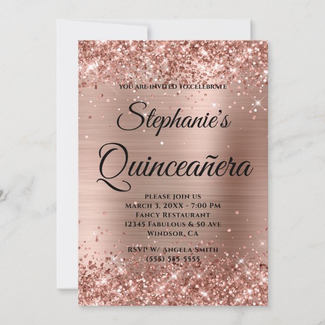 Rose Gold Glitter Foil Fancy Monogram Quinceañera Invitation (Front)