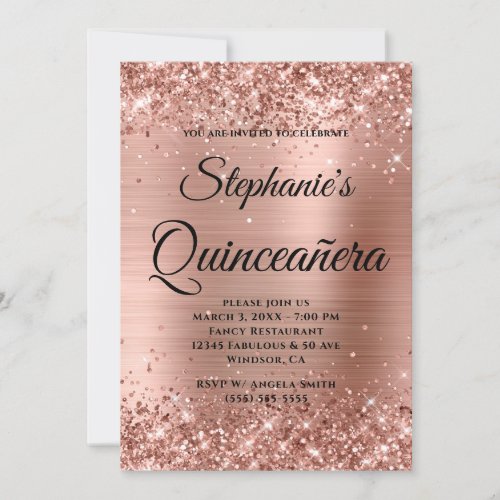 Rose Gold Glitter Foil Fancy Monogram Quinceaera Invitation