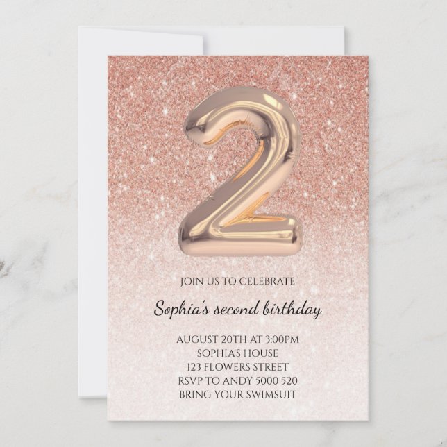 Rose Gold Glitter Foil Girl 2nd Birthday Balloon Invitation (Front)