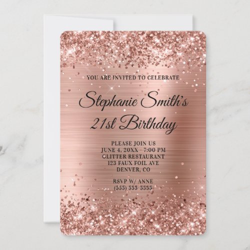 Rose Gold Glitter Foil Monogram 21st Birthday Invitation