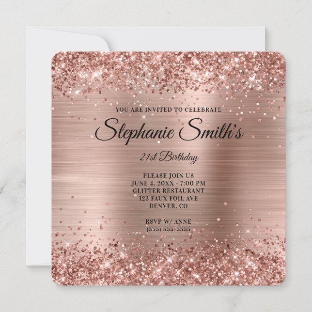 Rose Gold Glitter Foil Monogram 21st Birthday Invitation (Front)