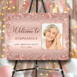 Rose Gold Glitter Foil Photo 90th Birthday Welcome Foam Board<br><div class="desc">Elegant Modern Sparkle rose gold glitter metal Personalized Photo 90th Birthday Welcome Foam Board. This Girly Adult feminine NINETY (NINETIETH) OR ANY AGE Birhday party sign featuring a stylish handwritten calligraphy script, blush pink or rose gold faux brushed metallic foil background with loose glam glitter frame around. Ideal for a...</div>