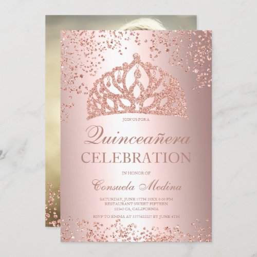 Rose gold glitter foil photo tiara Quinceaera Invitation