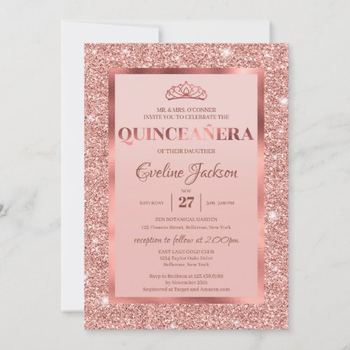 Rose gold glitter foil princess tiara quinceanera invitation